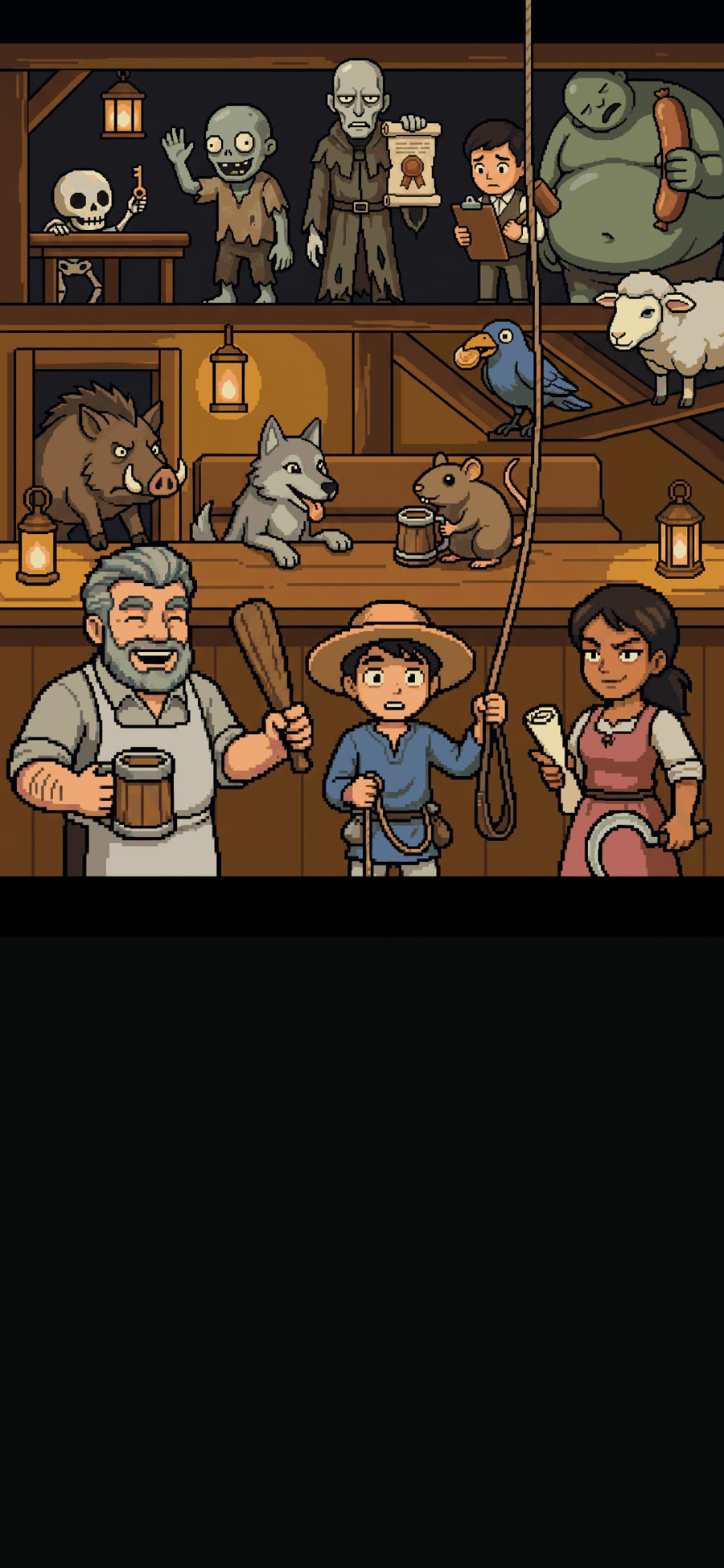 Pixel-art poster of Last Stand Tavern: a barkeep, a shepherd boy and a farm girl in a tavern, with zombies at the bar.
